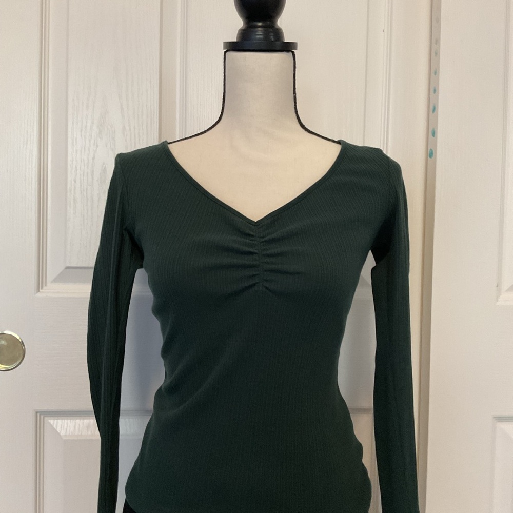 Dark Green V-Neck Long Sleeve Top
